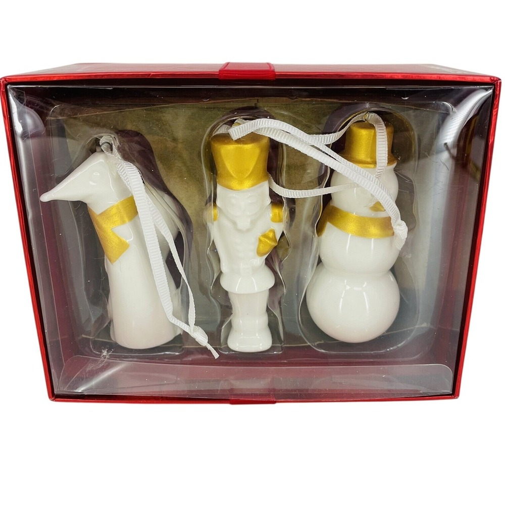 Starbucks 2012 Holiday Ceramic Ornament Set Fox Nutcracker Snowman White Gold
